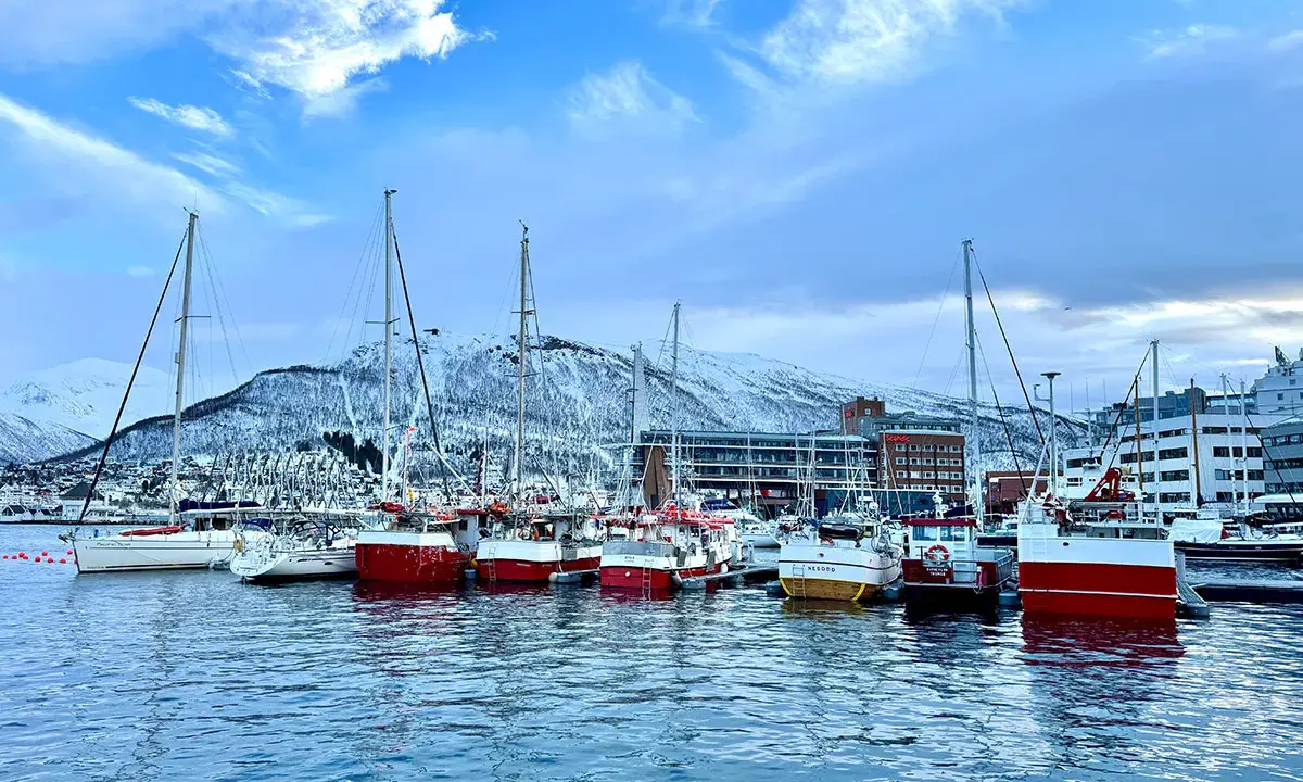 Segelboote und Fischerboote liegen im **Tromsø Hafen** vor schneebedeckten Bergen.