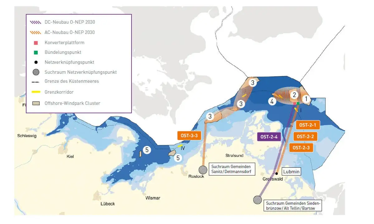 Karte der Windparks an der Ostsee mit Netzanschlusspunkten und Korridoren.