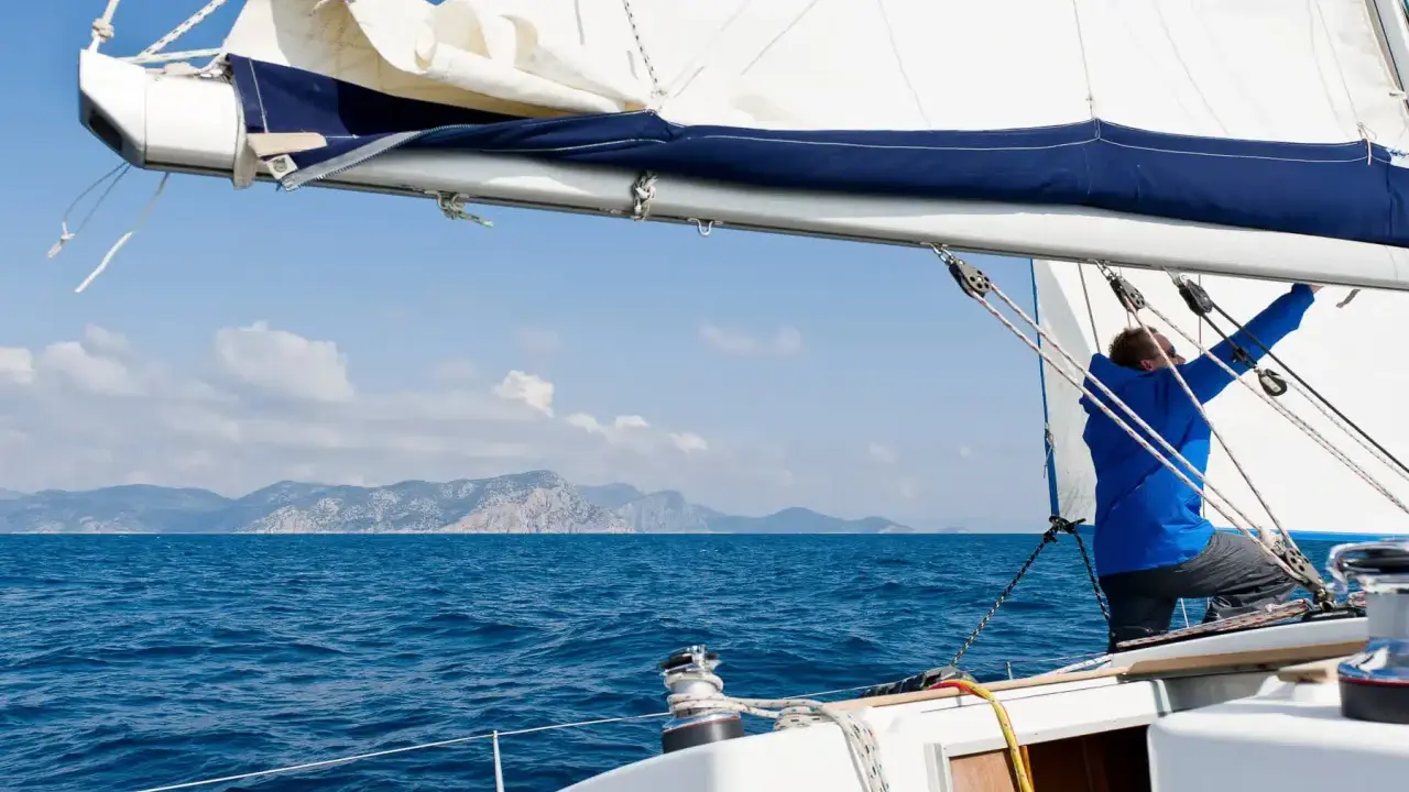 Mann im blauen Anzug stellt das **Rigg segeln** ein, während das Boot über das blaue Meer gleitet. Berge im Hintergrund.