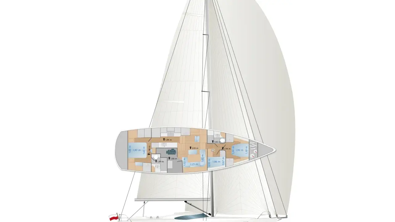 Grundriss einer Segelyacht von Kraken Yachts mit detaillierten Innenmaßen und Ansicht des Rumpfes mit Segeln.