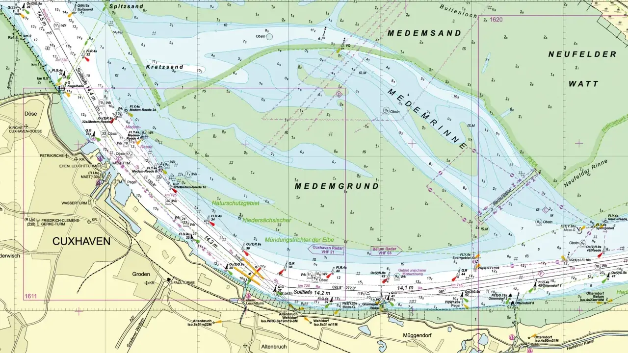 Seekarte der Nordsee und Ostsee mit Cuxhaven, Elbmündung und Wattgebieten. Navigation für Schiffe.