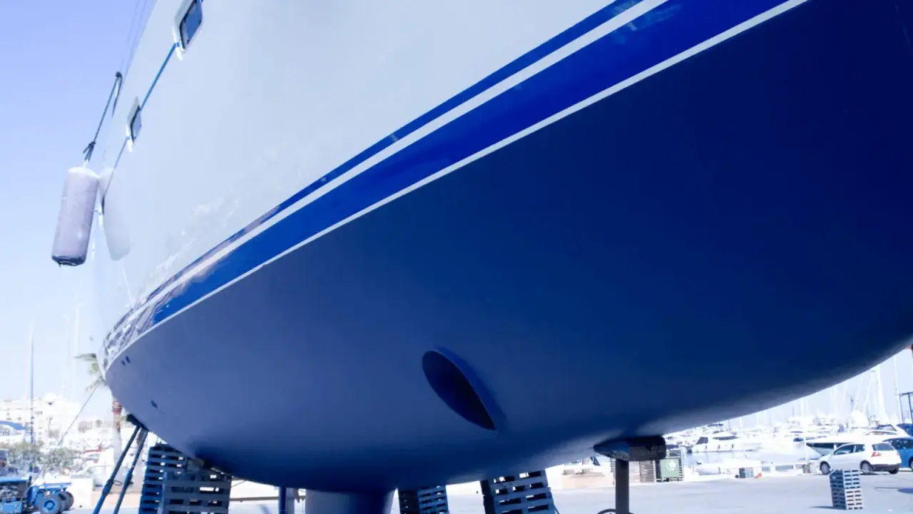 Blaues Schiff im Trockendock, bereit, das Antifouling zu erneuern.