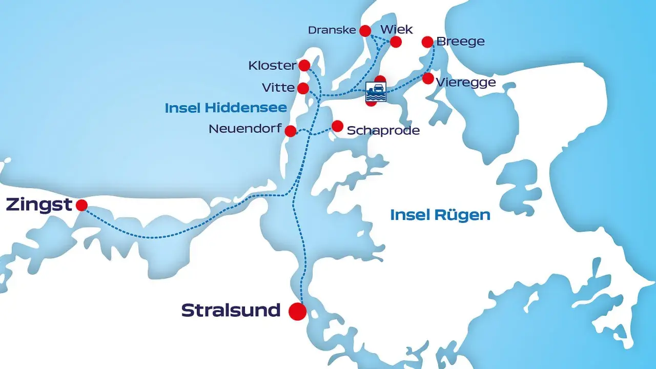Karte zeigt die Insel Hiddensee mit Orten wie Kloster, Vitte, Neuendorf. Die Frage "wie lang ist Hiddensee" wird durch die Darstellung der Insel und ihrer Ausdehnung beantwortet.