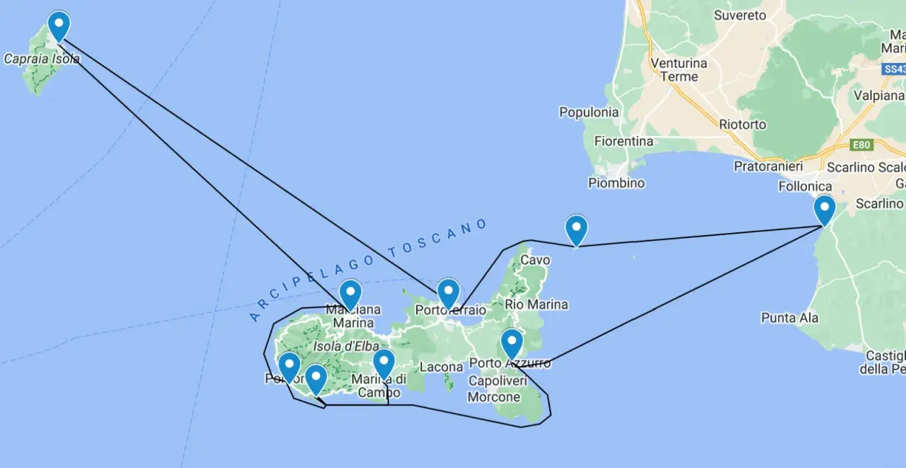Karte zeigt eine Segelroute im toskanischen Archipel, mit Stationen auf Elba und Capraia.