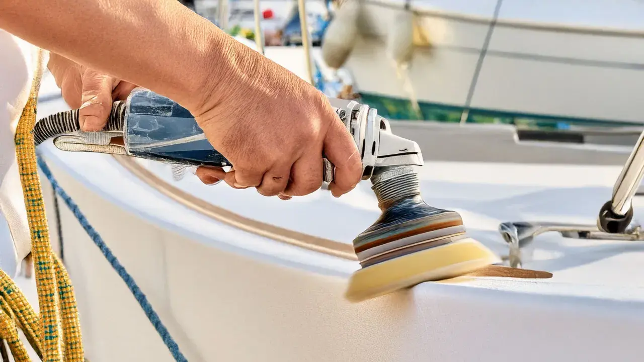 Hand poliert mit Maschine den weißen Bootsrumpf. Glänzende Oberflächen entstehen beim Boot polieren.