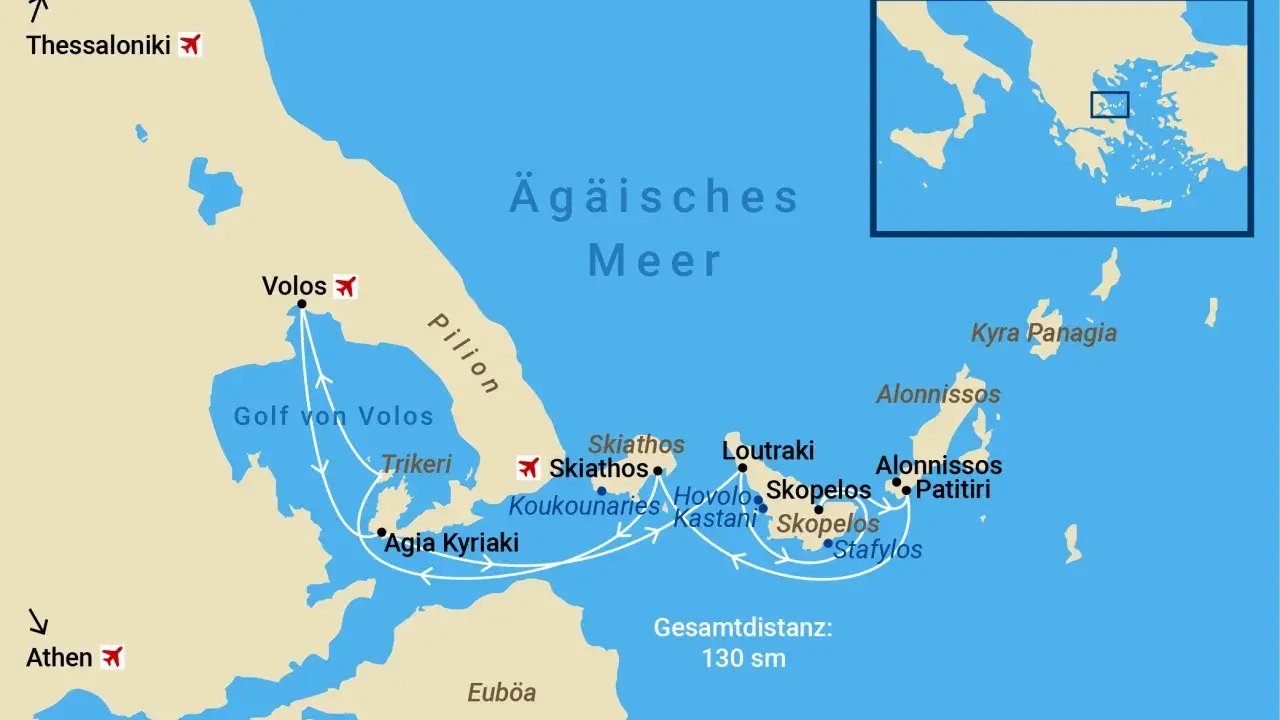 Sporaden Karte: Route von Volos über Skiathos, Skopelos und Alonissos im Ägäischen Meer. Gesamtdistanz 130 sm.