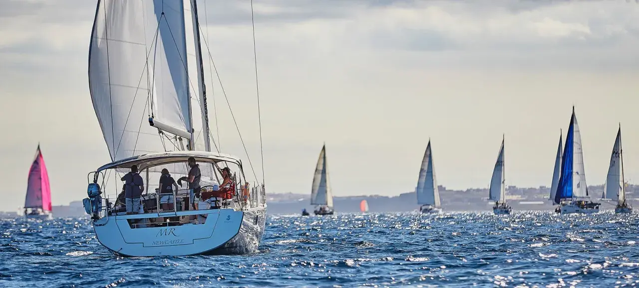 Mehrere Segelboote auf dem Meer, eines mit pinkem Segel, im Hintergrund eine Stadt. Ein spannendes Rennen beim arc segeln.