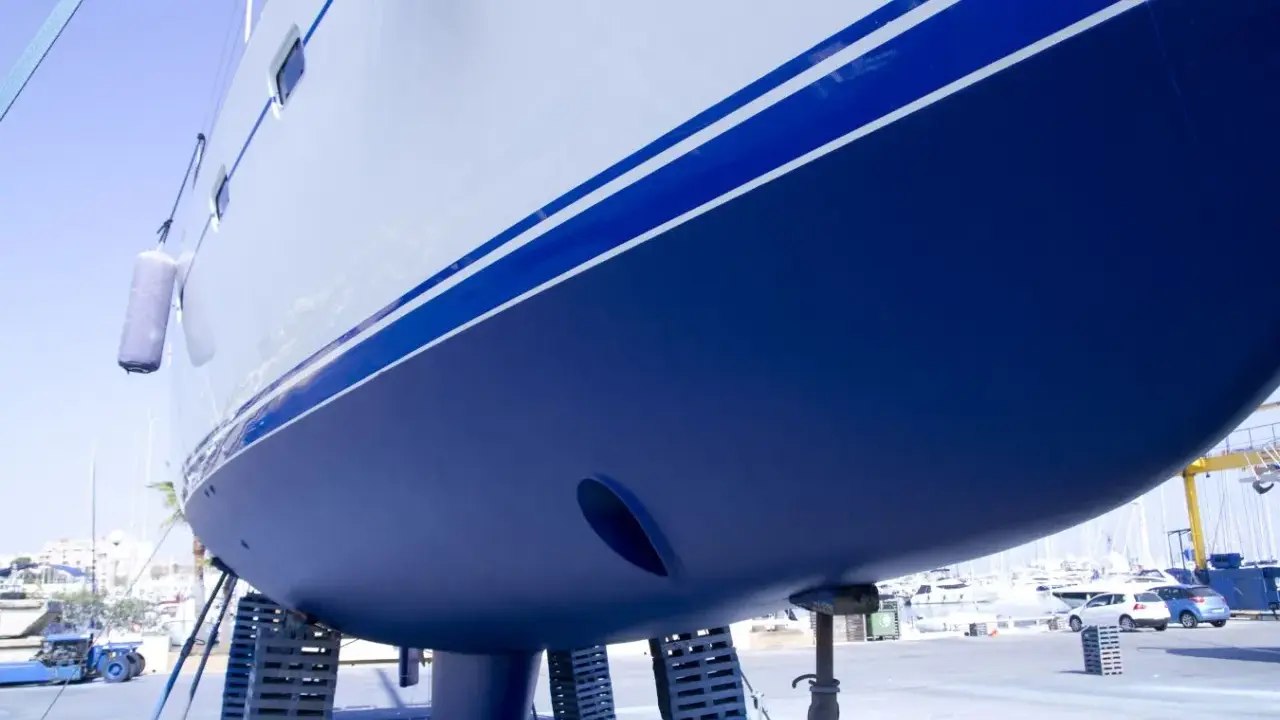 Der blaue **segelboot rumpf** mit weißen Streifen ruht auf Stützen im Hafen.