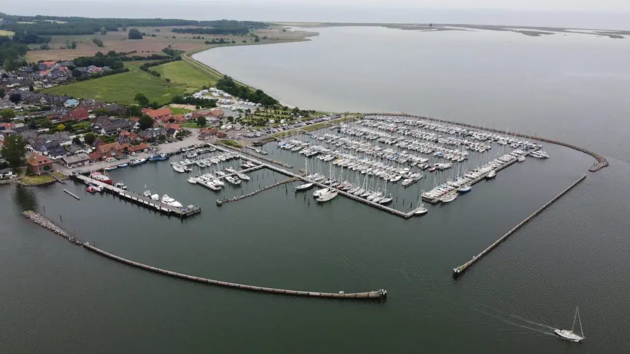 Maasholm Hafen mit vielen Segelbooten und Yachten, die an Stegen liegen. Im Hintergrund ein Dorf und das weite Wasser.