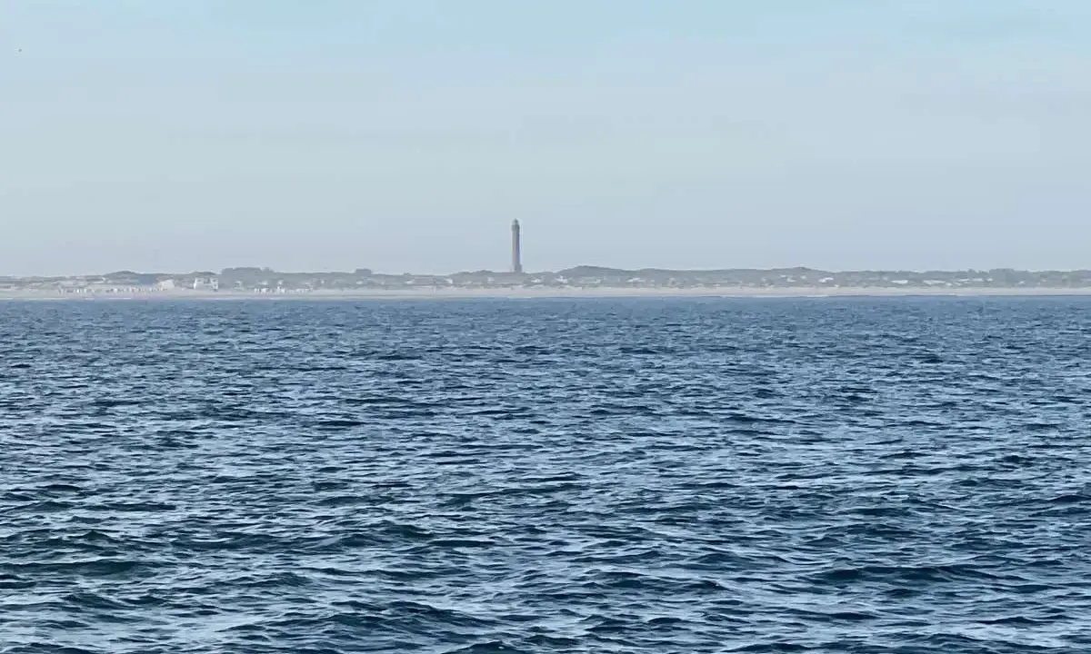 Der Leuchtturm Norderney ragt über die Dünenlandschaft am Horizont. Das weite Meer liegt davor.