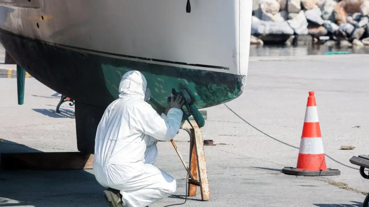 Person in Schutzanzug schleift den Rumpf eines Bootes. Die Arbeit am Boot schleifen erfordert Sorgfalt.