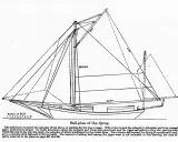 Segelplan der "Spray", dem Schiff von Joshua Slocum. Detaillierte Zeichnung mit Maßen für Masten und Segel.