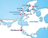 Karte zeigt die Insel Hiddensee mit Orten wie Kloster, Vitte, Neuendorf. Die Frage "wie lang ist Hiddensee" wird durch die Darstellung der Insel und ihrer Ausdehnung beantwortet.