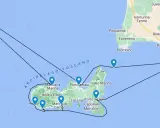 Karte zeigt eine Segelroute im toskanischen Archipel, mit Stationen auf Elba und Capraia.