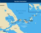 Sporaden Karte: Route von Volos über Skiathos, Skopelos und Alonissos im Ägäischen Meer. Gesamtdistanz 130 sm.