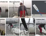 Segelbootmanöver: Leinen klar, Wind beobachten, Beidrehen, Heckleine über, Vorleine über, Eindampfen. Die Bilder zeigen das sichere Manövrieren eines Segelboots.