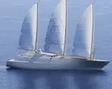 Ein elegantes Segelschiff mit drei Masten gleitet über das blaue Meer. Die Segel sind mit einem stilisierten Muster verziert, das an eine **sy**mbolische Darstellung erinnert.