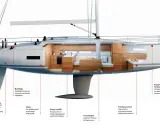 Schnittzeichnung eines modernen Segelboots mit detaillierter Darstellung von Pantry, WC, Motor und Ruderanlage. Ein bilge schiff, das die potenziellen Leckstellen aufzeigt.
