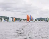 Viele Melges 24 Boote segeln auf dem Wasser, einige mit bunten Segeln, vor einer bewaldeten Küste.