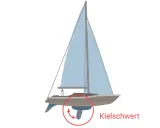 Eine Jolle mit blauem Segel und einem Kielschwert, das für Stabilität sorgt.