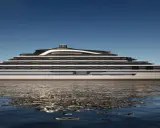 Eine futuristische mega Yacht namens ULYSSIA gleitet auf ruhigem Wasser.