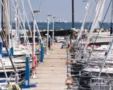 Viele Segelboote liegen im **Flensburg Hafen** an einem Holzsteg. Im Hintergrund segeln große Schiffe auf dem Meer.