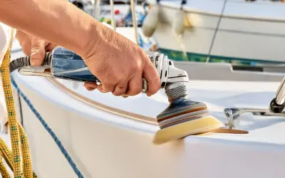 Hand poliert mit Maschine den weißen Bootsrumpf. Glänzende Oberflächen entstehen beim Boot polieren.