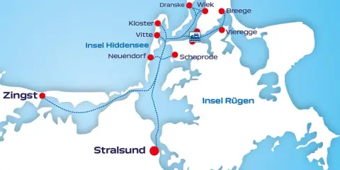 Karte zeigt die Insel Hiddensee mit Orten wie Kloster, Vitte, Neuendorf. Die Frage "wie lang ist Hiddensee" wird durch die Darstellung der Insel und ihrer Ausdehnung beantwortet.