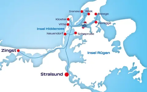 Karte zeigt die Insel Hiddensee mit Orten wie Kloster, Vitte, Neuendorf. Die Frage "wie lang ist Hiddensee" wird durch die Darstellung der Insel und ihrer Ausdehnung beantwortet.