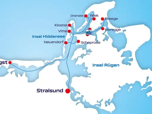 Karte zeigt die Insel Hiddensee mit Orten wie Kloster, Vitte, Neuendorf. Die Frage "wie lang ist Hiddensee" wird durch die Darstellung der Insel und ihrer Ausdehnung beantwortet.