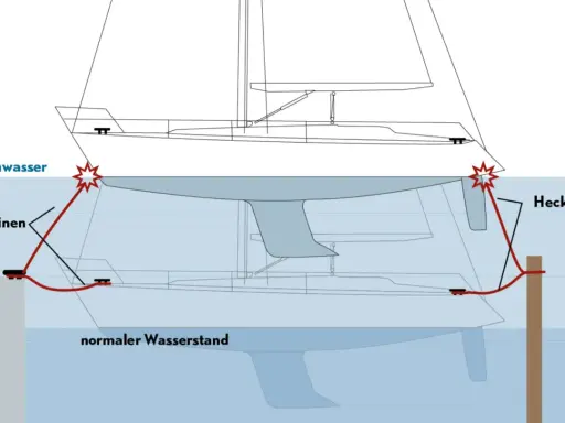 Illustration zeigt eine hochseetaugliche segelyacht, die bei Hochwasser und normalem Wasserstand vertäut ist.