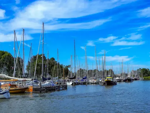 Segelboote im Enkhuizen Hafen unter blauem Himmel mit weißen Wolken.