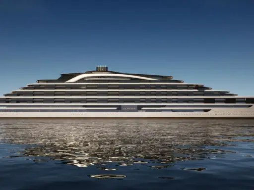 Eine futuristische mega Yacht namens ULYSSIA gleitet auf ruhigem Wasser.