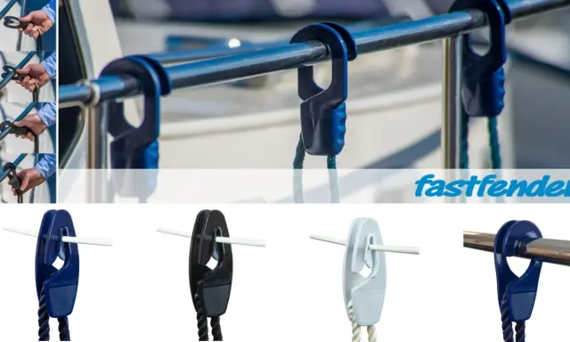 Schnelles Fender befestigen mit Fastfender-Clips. Mehrere Ansichten zeigen die einfache Handhabung und verschiedene Farben.