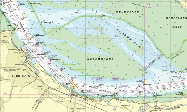 Seekarte der Nordsee und Ostsee mit Cuxhaven, Elbmündung und Wattgebieten. Navigation für Schiffe.