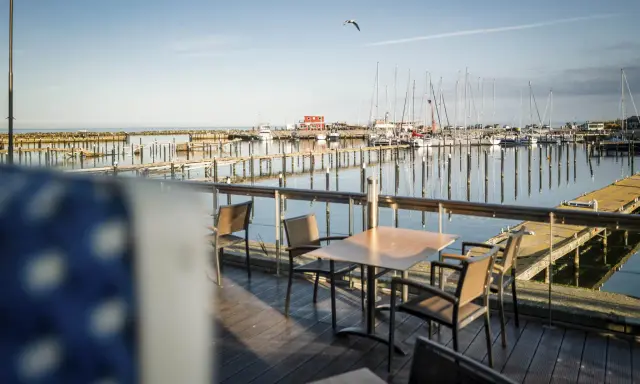 Ein Tisch mit Stühlen auf einer Holzterrasse mit Blick auf einen Yachthafen. Segelboote liegen im Wasser, die Sonne wirft lange Schatten. Ein Möwe fliegt über den Hafen. Damp 2000.