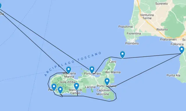 Karte zeigt eine Segelroute im toskanischen Archipel, mit Stationen auf Elba und Capraia.