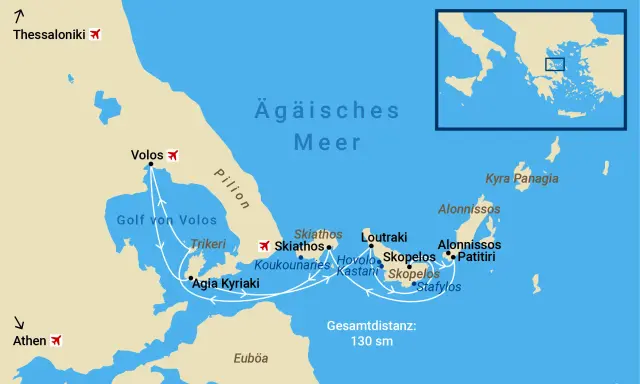 Sporaden Karte: Route von Volos über Skiathos, Skopelos und Alonissos im Ägäischen Meer. Gesamtdistanz 130 sm.