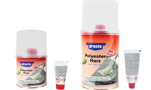 Presto Polyesterharz-Spray mit Härter für Reparaturen an Metall, Holz und Beton. Ideal für Durchrostungen, Löcher und Risse.
