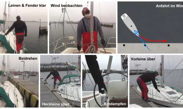 Segelbootmanöver: Leinen klar, Wind beobachten, Beidrehen, Heckleine über, Vorleine über, Eindampfen. Die Bilder zeigen das sichere Manövrieren eines Segelboots.