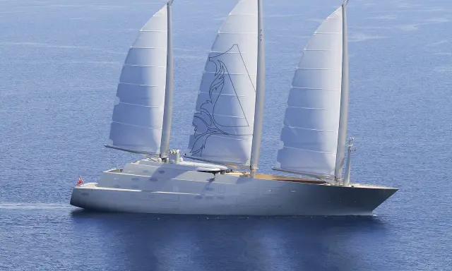 Ein elegantes Segelschiff mit drei Masten gleitet über das blaue Meer. Die Segel sind mit einem stilisierten Muster verziert, das an eine **sy**mbolische Darstellung erinnert.