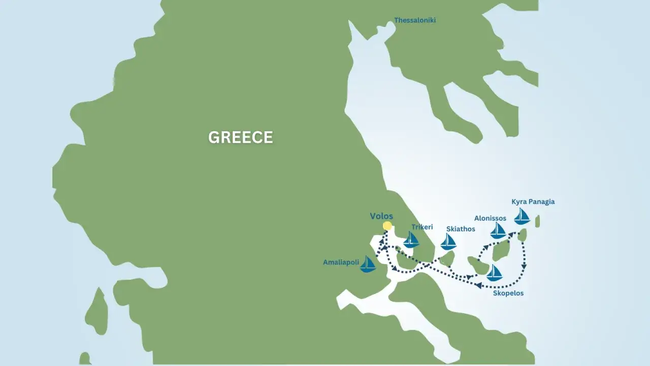 Karte der Sporaden mit Segelrouten von Volos über Skiathos, Skopelos, Alonissos und Kyra Panagia.