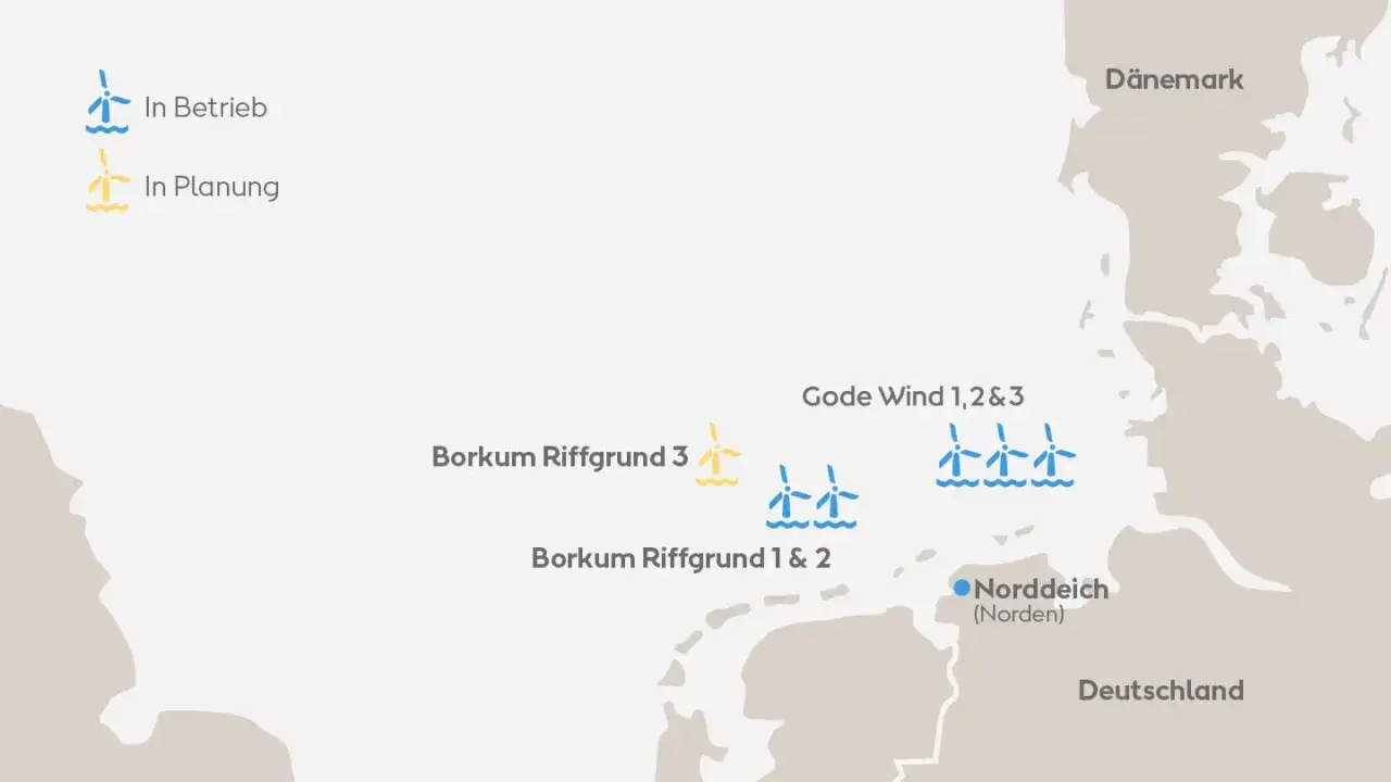 Karte der Windparks an der Ostsee: blau f&uuml;r 