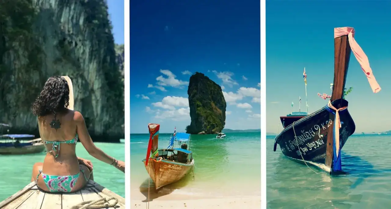 Frau auf einem Boot vor steilen Felsen, Longtail-Boote am Strand und im Meer. Ein Traum von Segeln Thailand.