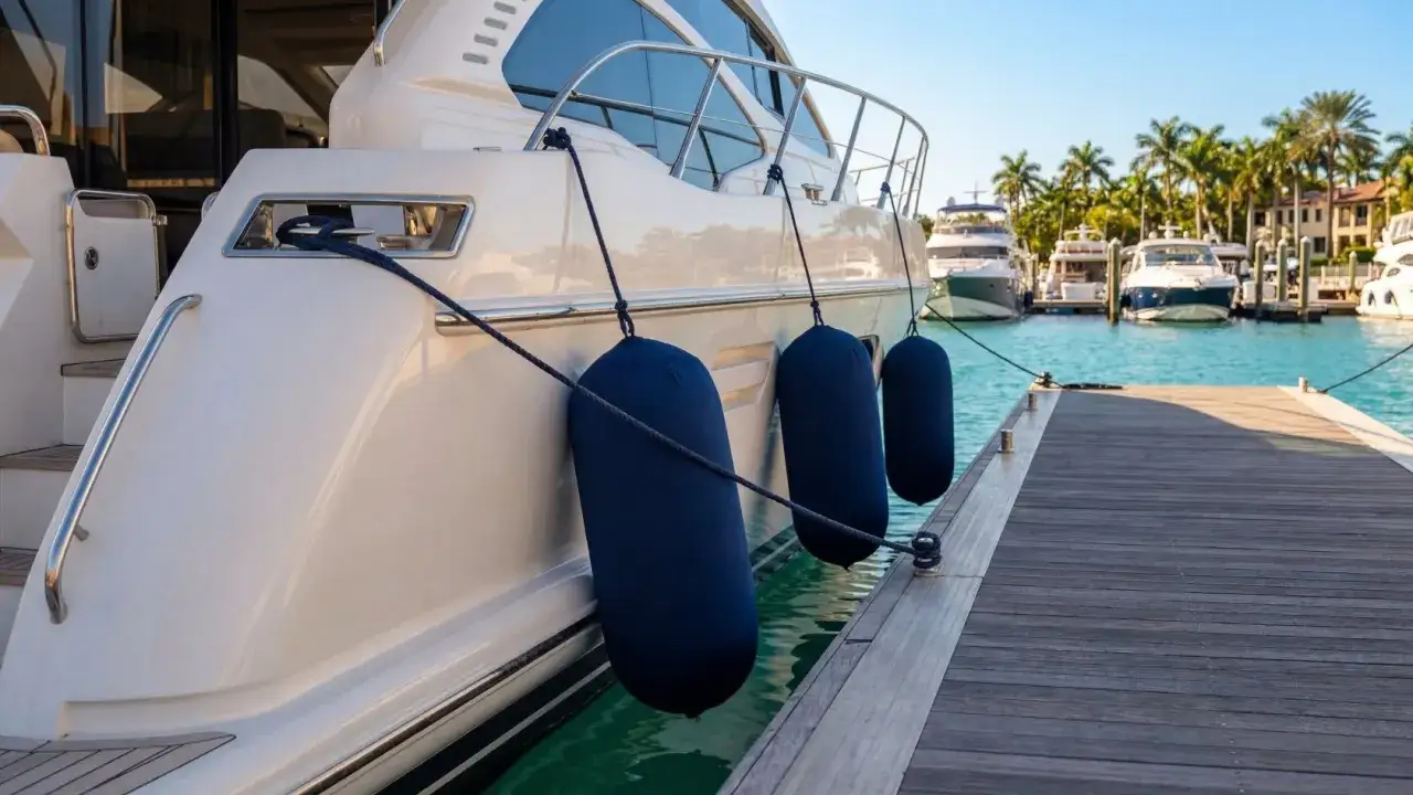 Drei blaue Fender h&auml;ngen an der Seite einer wei&szlig;en Yacht, bereit, sie vor dem Anlegesteg zu sch&uuml;tzen.