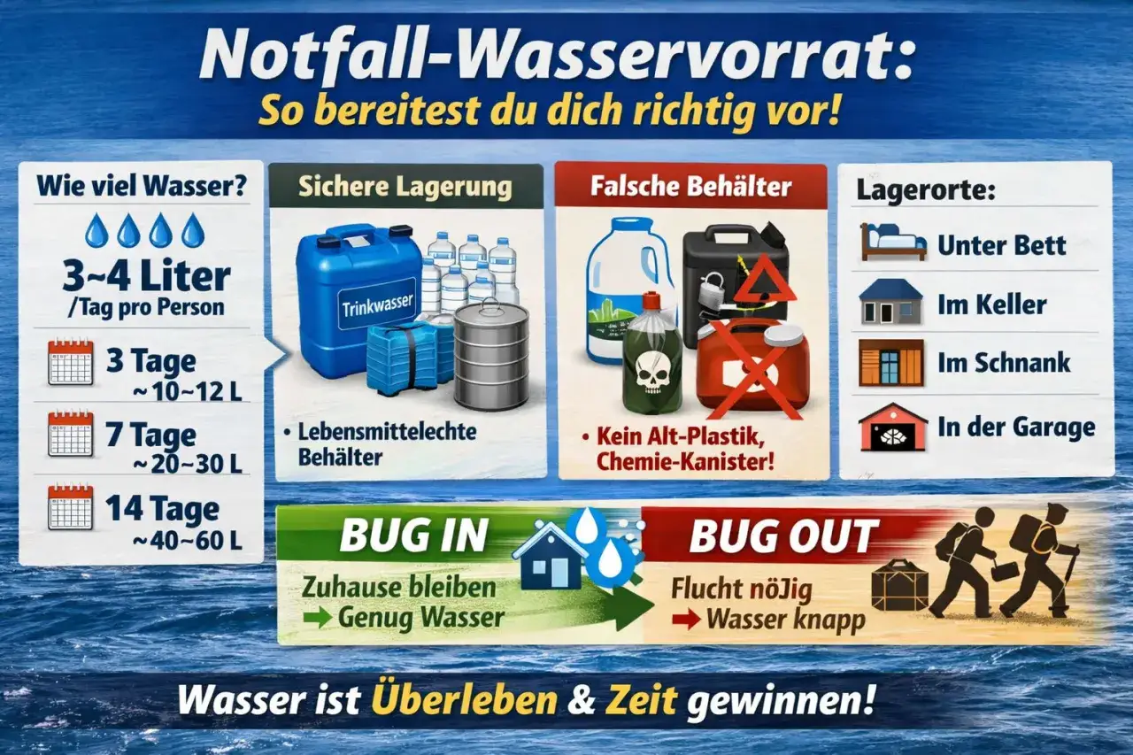 Infografik zeigt, wie lange Wasser im Kanister frisch bleibt: 3-4 Liter pro Person/Tag, sichere Lagerung in lebensmittelechten Behältern, nicht in Alt-Plastik. Lagerorte: Bett, Keller, Schrank, Garage.