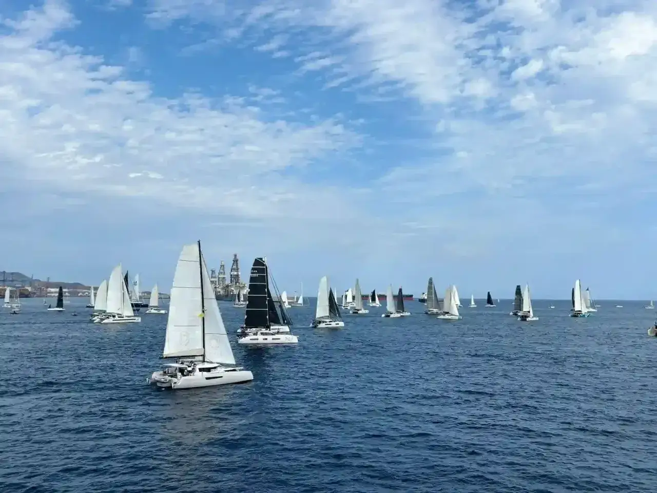 Viele Katamarane und Segelboote nehmen an einem Rennen teil. Ein beeindruckendes Bild vom arc segeln.