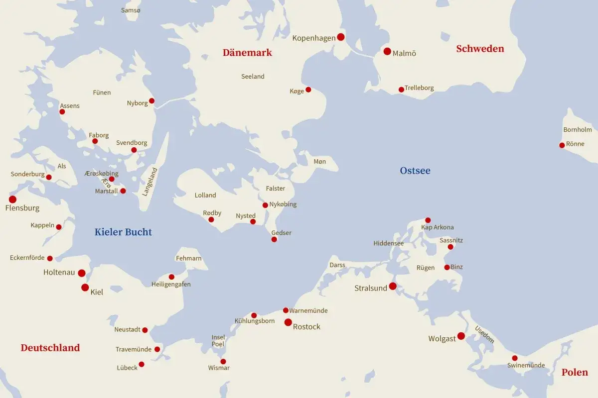 Karte der Nordsee und Ostsee mit Städten wie Kiel, Rostock und Kopenhagen. Deutschland, Dänemark, Schweden und Polen sind markiert.