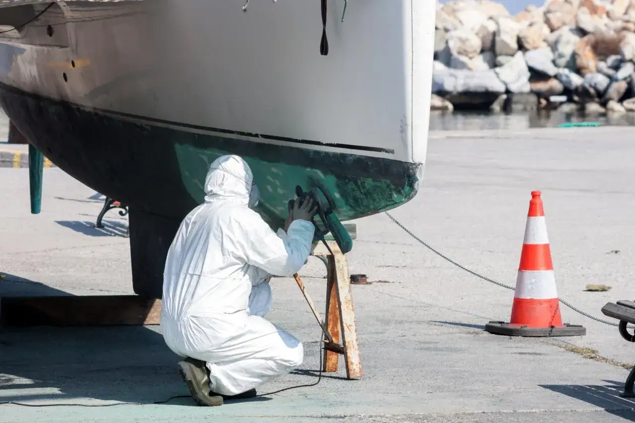Person in Schutzanzug schleift den Rumpf eines Bootes. Die Arbeit am Boot schleifen ist mühsam, aber notwendig für die Instandhaltung.