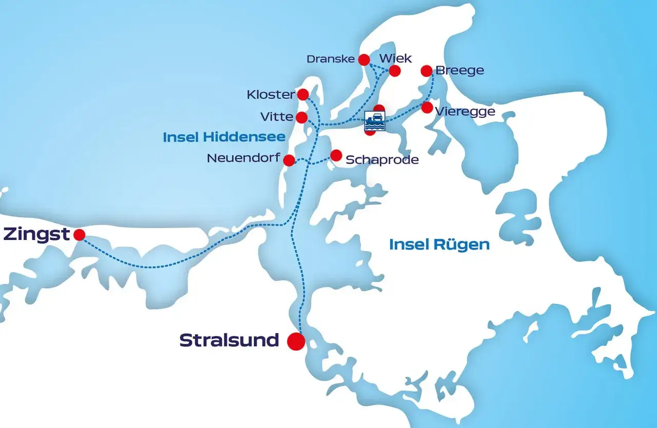 Karte zeigt Insel Hiddensee mit Orten wie Kloster, Vitte, Neuendorf. Die Frage 
